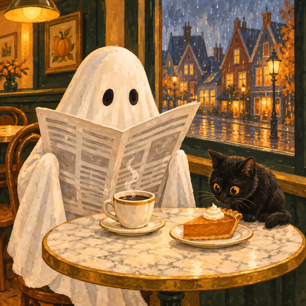 Das Gespenst liest im Café Zeitung, die schwarze Katze schielt auf ein Stück Kürbiskuchen, draußen regnet es auf die Giebelhäuser