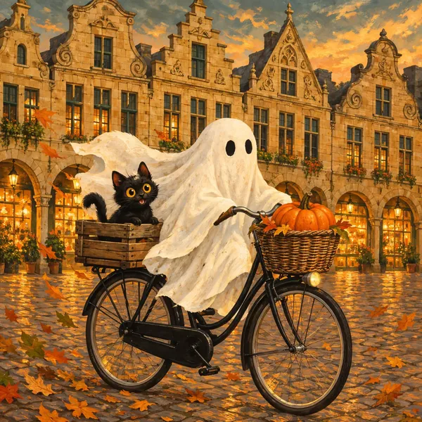 Das Gespenst fährt Fahrrad vor hellen Giebelhäusern mit Bogengang, im Korb ein Kürbis, hinten die Katze in einer Holzkiste