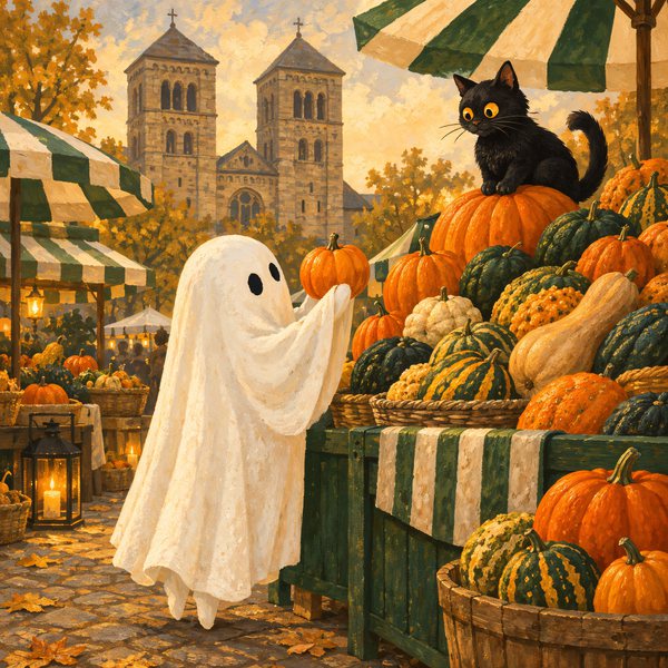 Das Gespenst prüft auf dem Wochenmarkt einen Kürbis, die Katze thront auf dem Kürbisberg, dahinter die zwei Türme des Doms