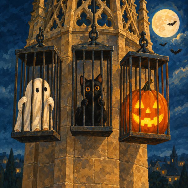 In drei eisernen Käfigen an einem gotischen Kirchturm sitzen das Gespenst, die Katze und ein leuchtender Kürbis