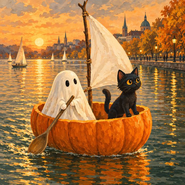 Gespenst und Katze segeln in einem ausgehöhlten Kürbis über einen See im Abendlicht