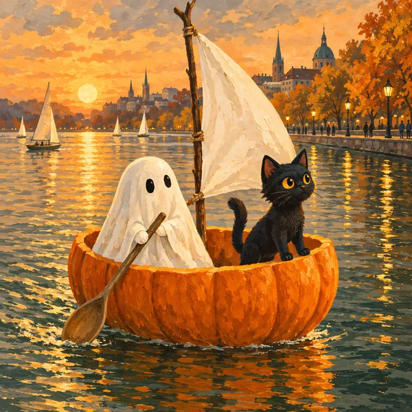 Gespenst und Katze segeln in einem ausgehöhlten Kürbis über einen See im Abendlicht