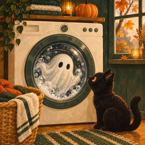 Das Gespenst dreht sich in der Waschmaschine, die Katze schaut durch das Bullauge