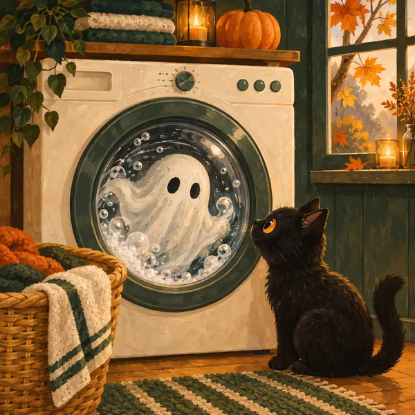 Das Gespenst dreht sich in der Waschmaschine, die Katze schaut durch das Bullauge