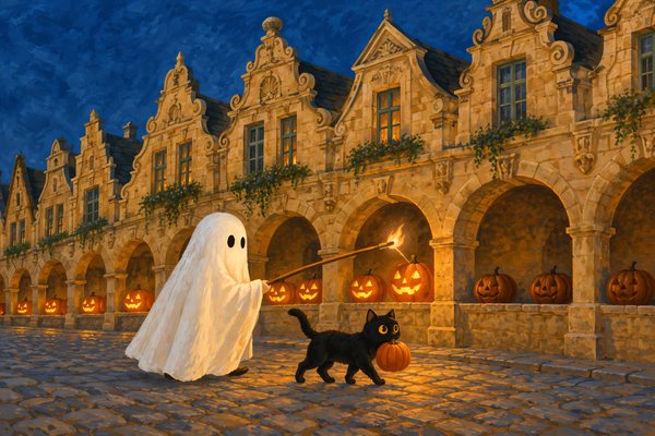Das Gespenst zündet mit einer langen Stange die Kürbisse unter den Bögen an, die Katze trägt einen kleinen Kürbis