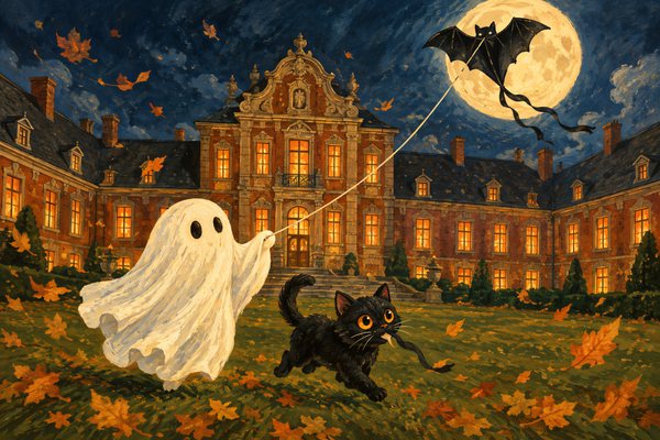 Das Gespenst lässt vor einem Barockschloss einen Fledermausdrachen steigen, die Katze rennt mit