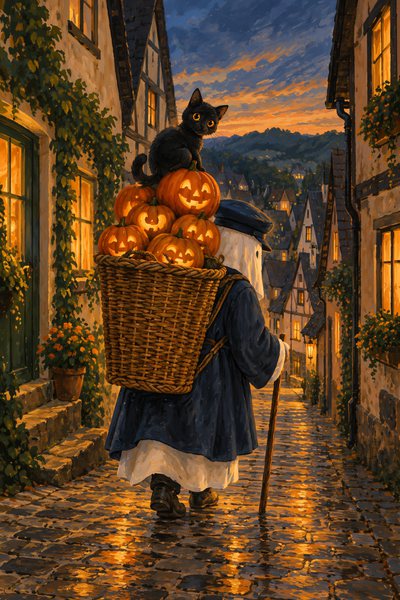 Das Gespenst als Kiepenkerl geht mit einer Kiepe voller leuchtender Kürbisse eine Gasse hinab, oben sitzt die Katze