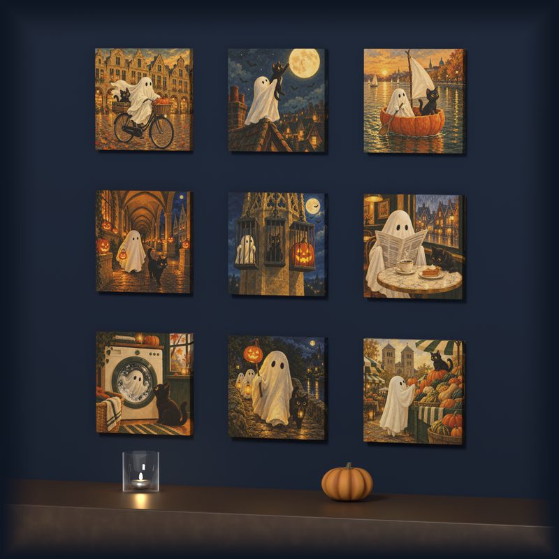 Neun Hausgeist-Motive im Format 20 × 20 cm, auf Stoff gedruckt und auf Holzkeilrahmen aufgezogen, in drei Reihen an einer dunkelblauen Wand über einem Sideboard mit Kürbis und Windlicht: Leeze am Prinzipalmarkt, Die Katze will den Mond, Kürbisboot auf dem Aasee, Arkaden im Kürbislicht, Drei Käfige an Lamberti, Café mit Zeitung, Waschtag, Laternenumzug und Kürbiskauf am Dom