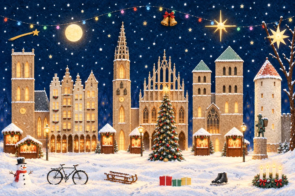 Das Adventsbild 120 × 80 cm als Holzkeilrahmen: Münster im Advent, Stoff über die Kante gespannt