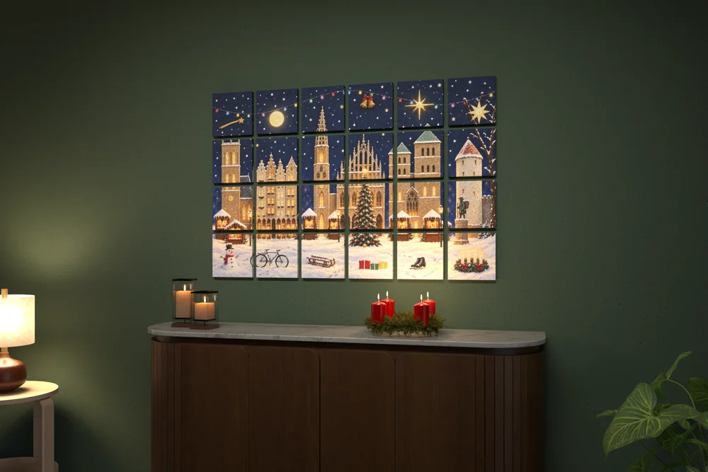 Visualisierung: das ganze Adventsbild, 24 Felder, an einer grünen Wand über einem Sideboard