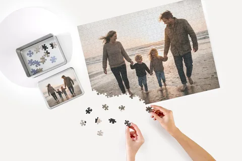 Produktansicht: Puzzle mit einem Familienfoto vom Strand