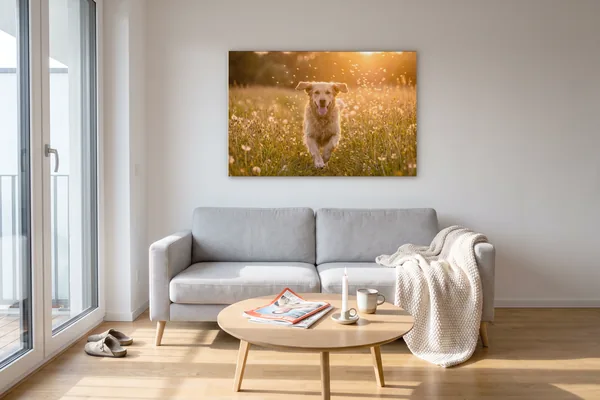 Visualisierung: Foto eines Hundes auf einer Sommerwiese als Wandbild im Alu-Wechselrahmen über einem grauen Sofa