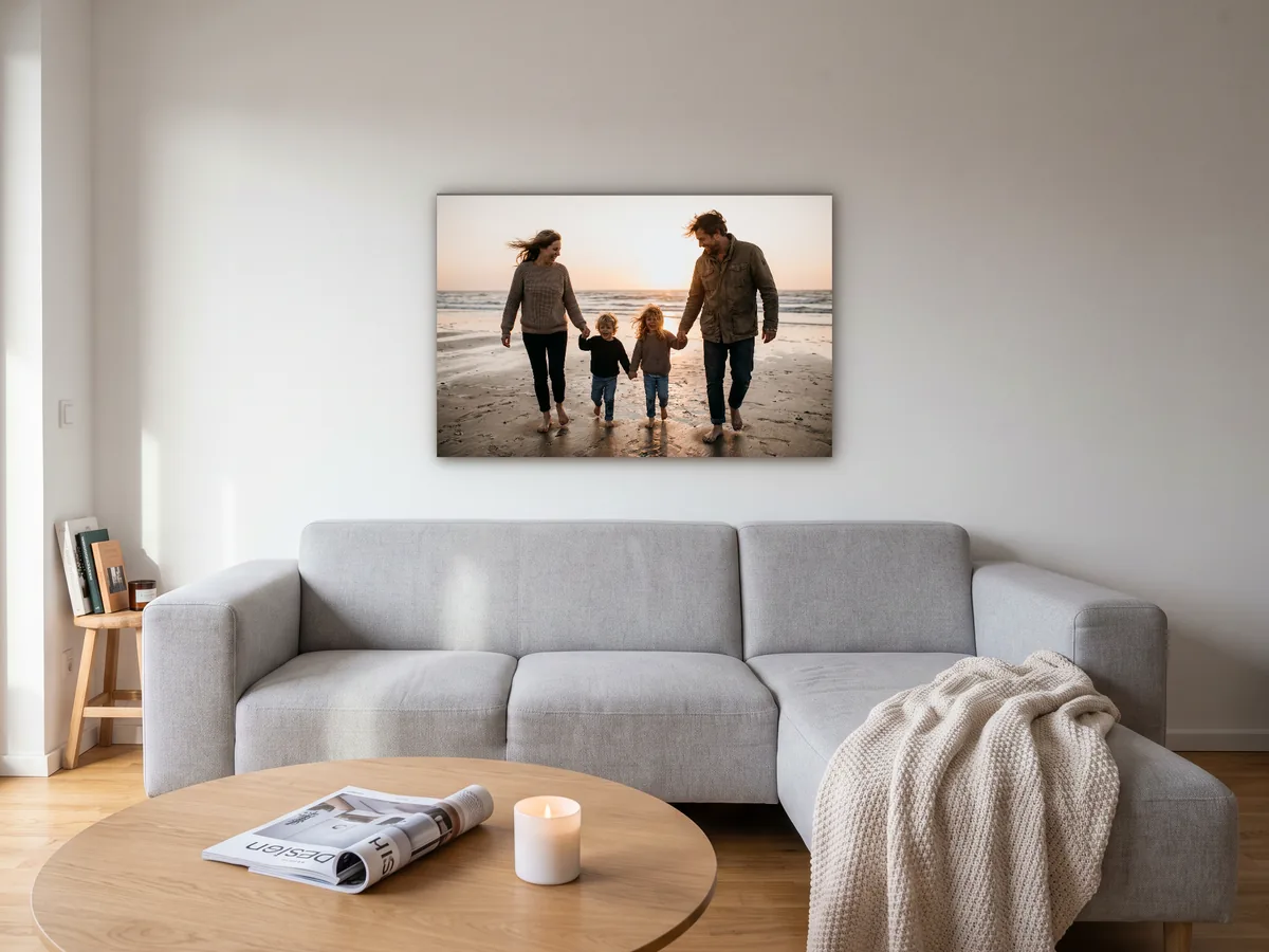 Visualisierung: ein Familienfoto vom Strand als Wandbild auf Holzkeilrahmen, 120 × 80 cm, über einem hellgrauen Ecksofa in einem hellen Wohnzimmer