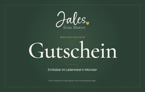 Digitaler JALES-Wertgutschein: grüne Karte mit Logo und dem Hinweis „Einlösbar im Ladenlokal in Münster“