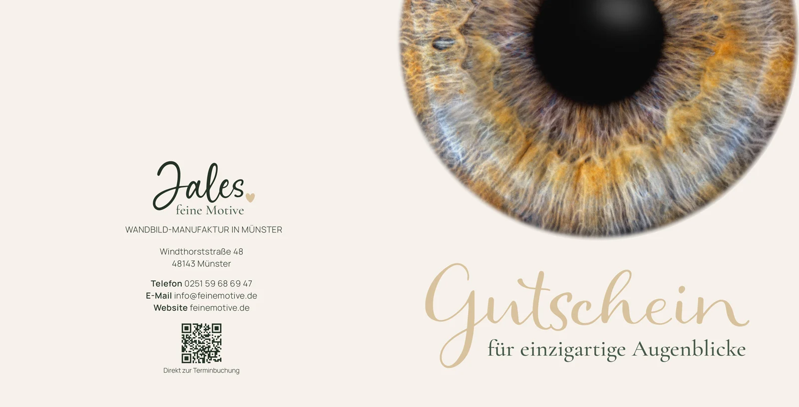 Gedruckter JALES-Wertgutschein im Irisfotografie-Design, Vorderseite