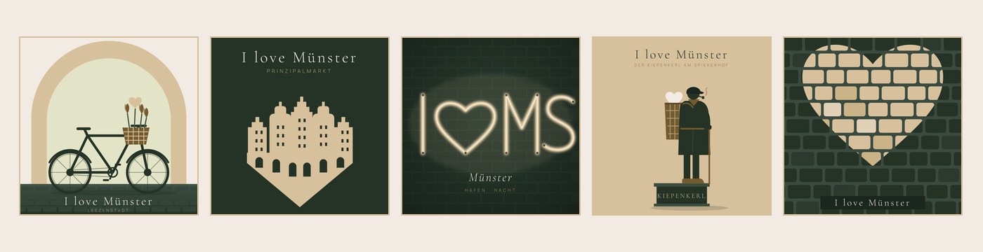 Fünf Grafiken der Reihe „I love Münster“ nebeneinander: Leeze, Giebelherz, Neon, Kiepenkerl und Pflasterherz