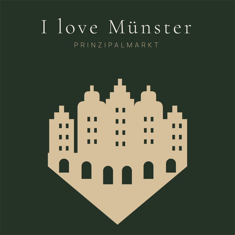 I love Münster – Giebelherz: Giebel und Bogengänge des Prinzipalmarkts, zu einem Herz zusammengesetzt. Grafik als Wandbild von JALES – feine Motive.