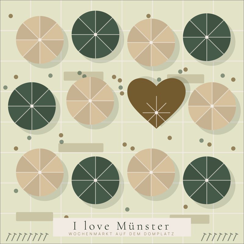 I love Münster – Wochenmarkt: Marktschirme auf dem Domplatz von oben gesehen, ein Schirm als Herz. Grafik als Wandbild von JALES – feine Motive.