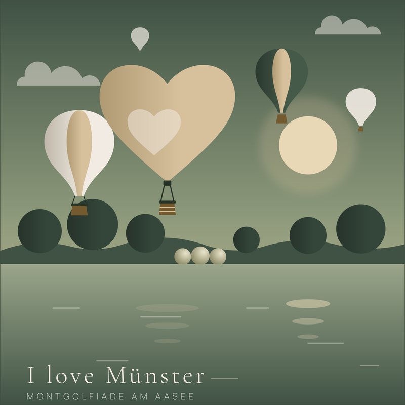 I love Münster – Ballonherz: Heißluftballons über dem Aasee, einer davon in Herzform. Grafik als Wandbild von JALES – feine Motive.