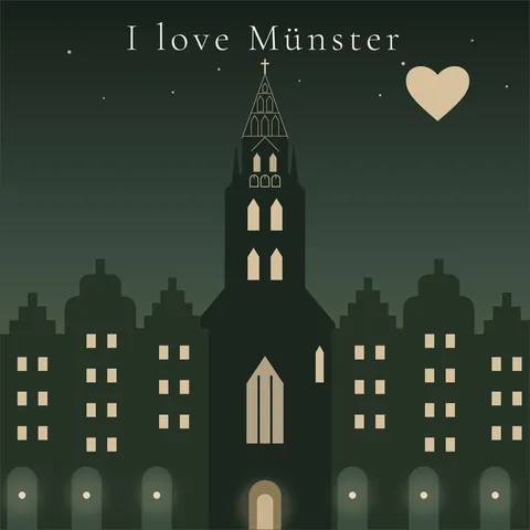 I love Münster – Lamberti: Turm von St. Lamberti über den erleuchteten Giebeln des Prinzipalmarkts. Grafik als Wandbild von JALES – feine Motive.