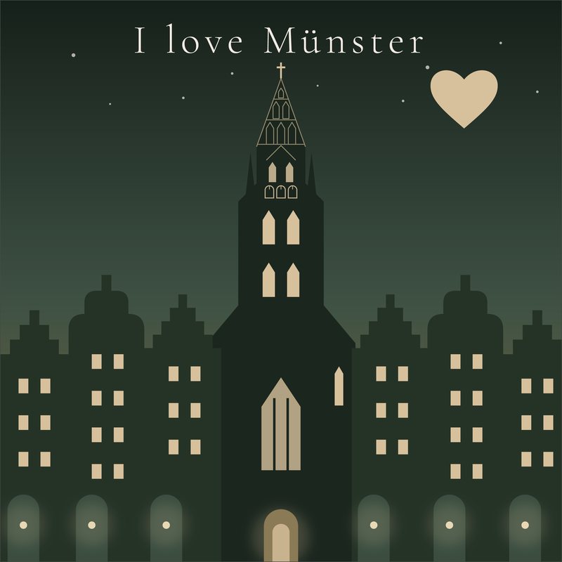I love Münster – Lamberti: Turm von St. Lamberti über den erleuchteten Giebeln des Prinzipalmarkts. Grafik als Wandbild von JALES – feine Motive.