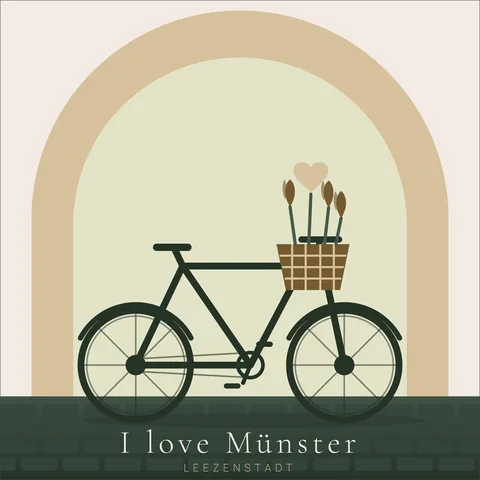 I love Münster – Leeze: Fahrrad mit Tulpenkorb vor einem hellen Bogengang. Grafik als Wandbild von JALES – feine Motive.
