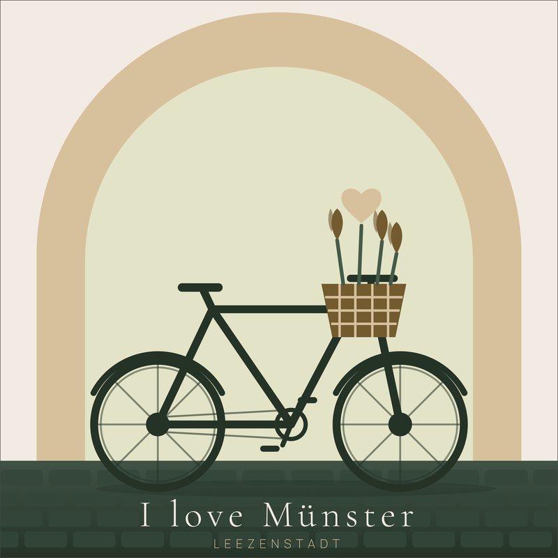 I love Münster – Leeze: Fahrrad mit Tulpenkorb vor einem hellen Bogengang. Grafik als Wandbild von JALES – feine Motive.