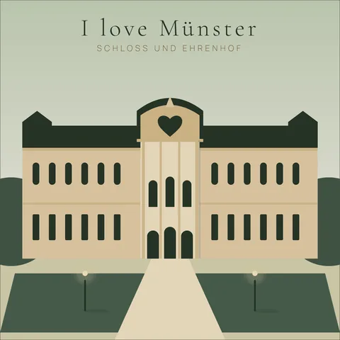 I love Münster – Schloss: Fürstbischöfliches Schloss mit Ehrenhof, im Giebelfeld ein Herz. Grafik als Wandbild von JALES – feine Motive.