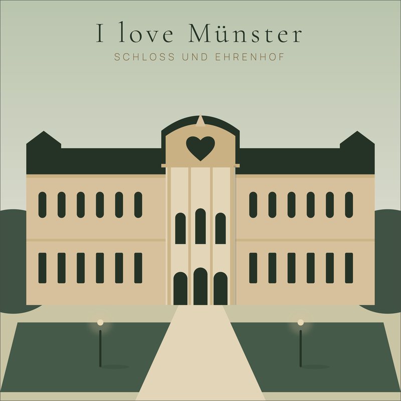 I love Münster – Schloss: Fürstbischöfliches Schloss mit Ehrenhof, im Giebelfeld ein Herz. Grafik als Wandbild von JALES – feine Motive.