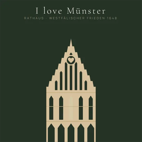 I love Münster – Rathaus: Schaugiebel des Historischen Rathauses mit erleuchtetem Fenster. Grafik als Wandbild von JALES – feine Motive.