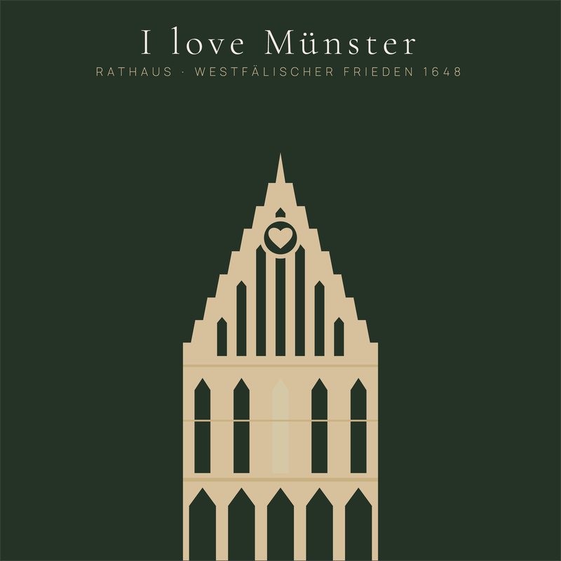 I love Münster – Rathaus: Schaugiebel des Historischen Rathauses mit erleuchtetem Fenster. Grafik als Wandbild von JALES – feine Motive.
