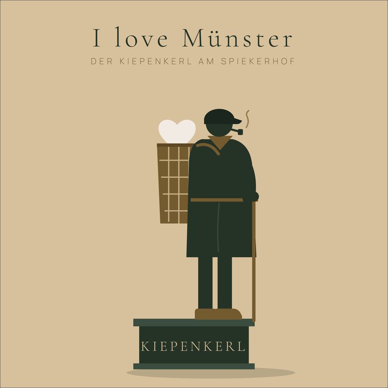 I love Münster – Kiepenkerl: Kiepenkerl-Figur mit Kiepe, Pfeife und Stock, im Korb ein Herz. Grafik als Wandbild von JALES – feine Motive.