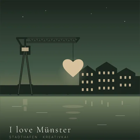 I love Münster – Hafenkran: Hafenkran am Kreativkai, der ein Herz über die Speicherhäuser hebt. Grafik als Wandbild von JALES – feine Motive.