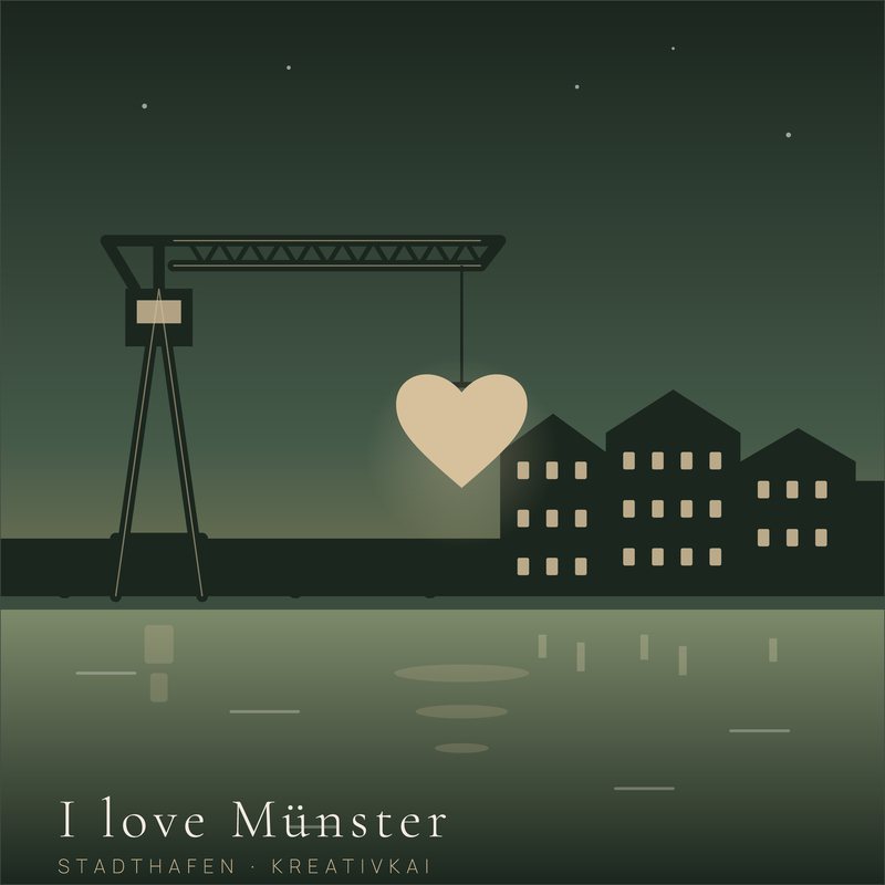 I love Münster – Hafenkran: Hafenkran am Kreativkai, der ein Herz über die Speicherhäuser hebt. Grafik als Wandbild von JALES – feine Motive.