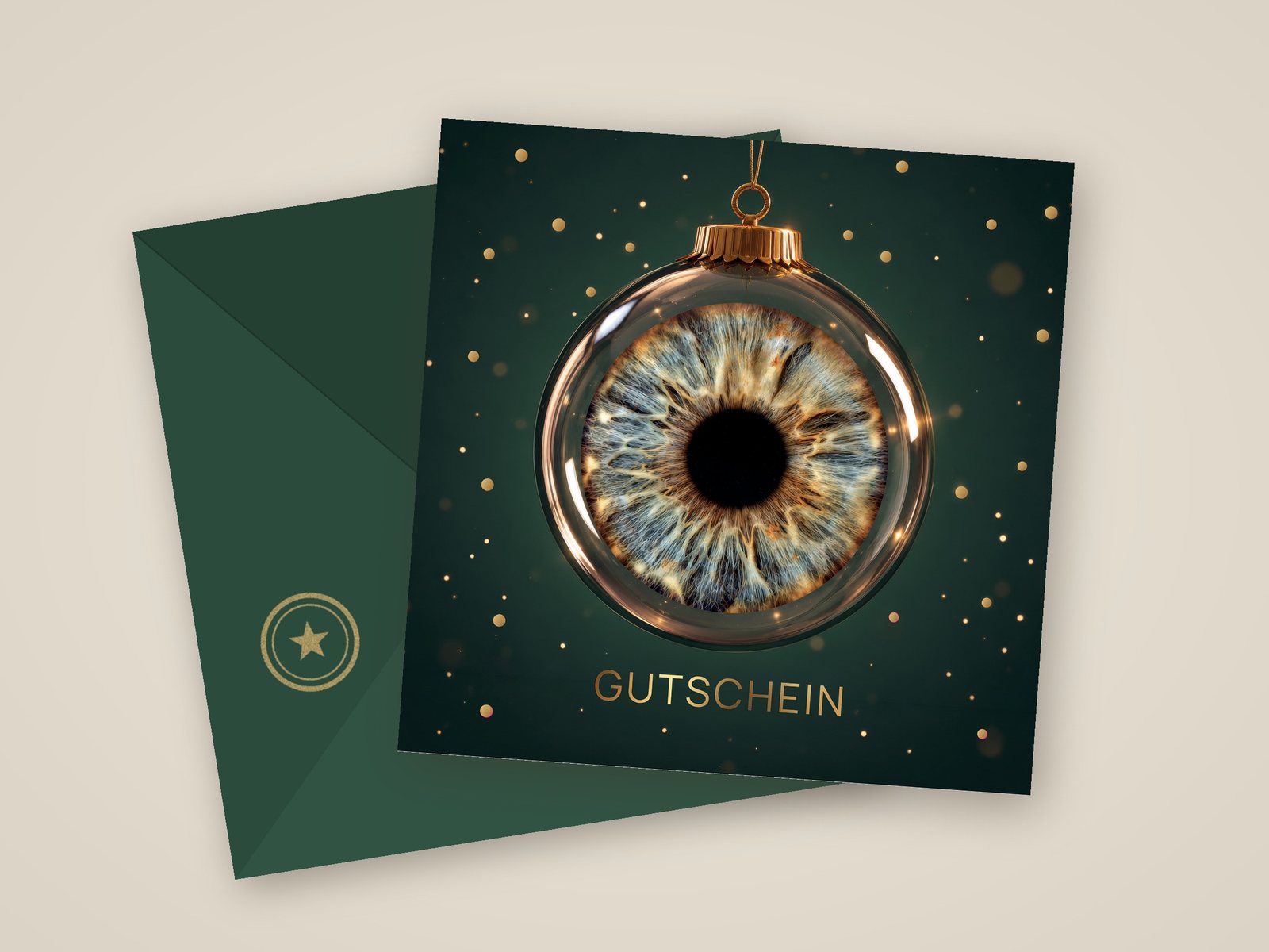 Gutscheinkarte: eine Iris in einer Christbaumkugel vor tannengrünem Grund, darunter „Gutschein“ in Gold; dahinter ein grüner Umschlag mit goldenem Stempel