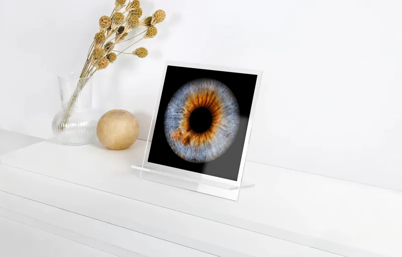 Irisbild als Aufsteller aus Acrylglas auf einem weißen Sideboard
