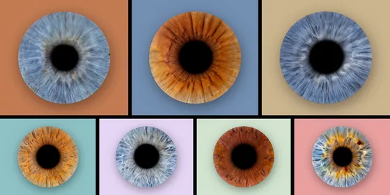 Sieben Iriden auf Farbfeldern im Breitformat, oben drei größere, unten vier kleinere, auf Terrakotta, Taubenblau, Sand, Mint, Flieder, Salbei und Rosé – Iris-Wandbild Artikel 0144, Farbfeld