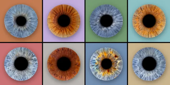 Acht Iriden in einem Raster aus zwei Reihen zu je vier Feldern, in Terrakotta, Flieder, Salbeigrün, Petrol, Altrosa, Grau, Taubenblau und Sand – Iris-Wandbild Artikel 0145, Farbraster