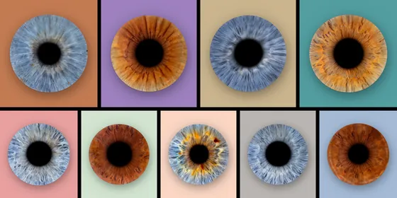 Neun Iriden auf Farbfeldern im Breitformat, oben vier, unten fünf, auf Terrakotta, Flieder, Sand, Petrol, Rosé, Mint, Pfirsich, Grau und Blau – Iris-Wandbild Artikel 0146, Farbfeld