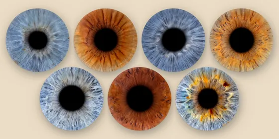 Sieben Iriden auf Sandgrund, oben vier, unten drei, in Blaugrau, Kupferbraun, Rotbraun und Gold – Iris-Wandbild Artikel 0167, Familienfoto Großfamilie