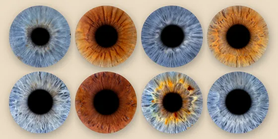 Acht Iriden auf Sandgrund in zwei Reihen zu je vier, in Blaugrau, Kupferbraun, Rotbraun und Gold – Iris-Wandbild Artikel 0168, Familienfoto Großfamilie