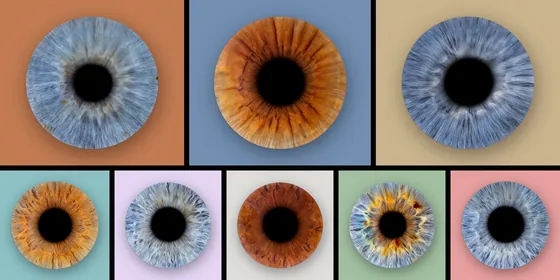Acht Iriden auf Farbfeldern im Breitformat, oben drei größere auf Terrakotta, Taubenblau und Sand, unten fünf kleinere auf hellen und kräftigen Feldern – Iris-Wandbild Artikel 0185, Farbfeld