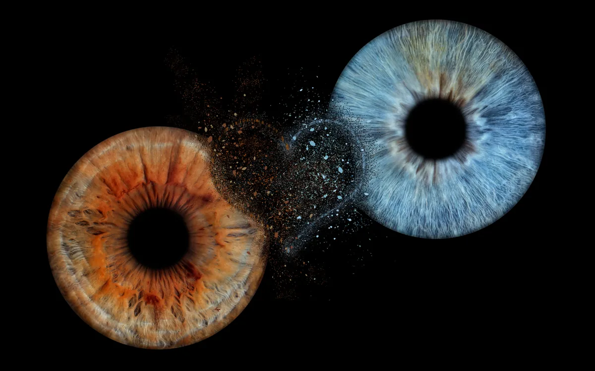 Irisbild mit Herz-Effekt – eine orange und eine blaue Iris, verbunden durch ein Herz aus Funken