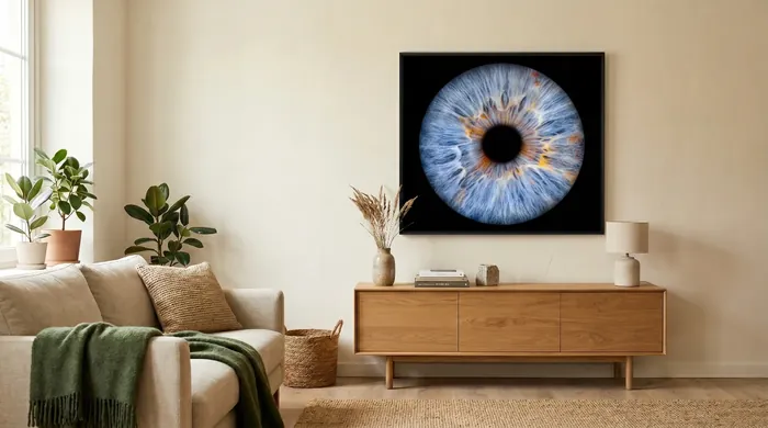 Visualisierung: Irisbild als gerahmtes Wandbild über einem Sideboard im Wohnzimmer – blaue Iris auf schwarzem Grund