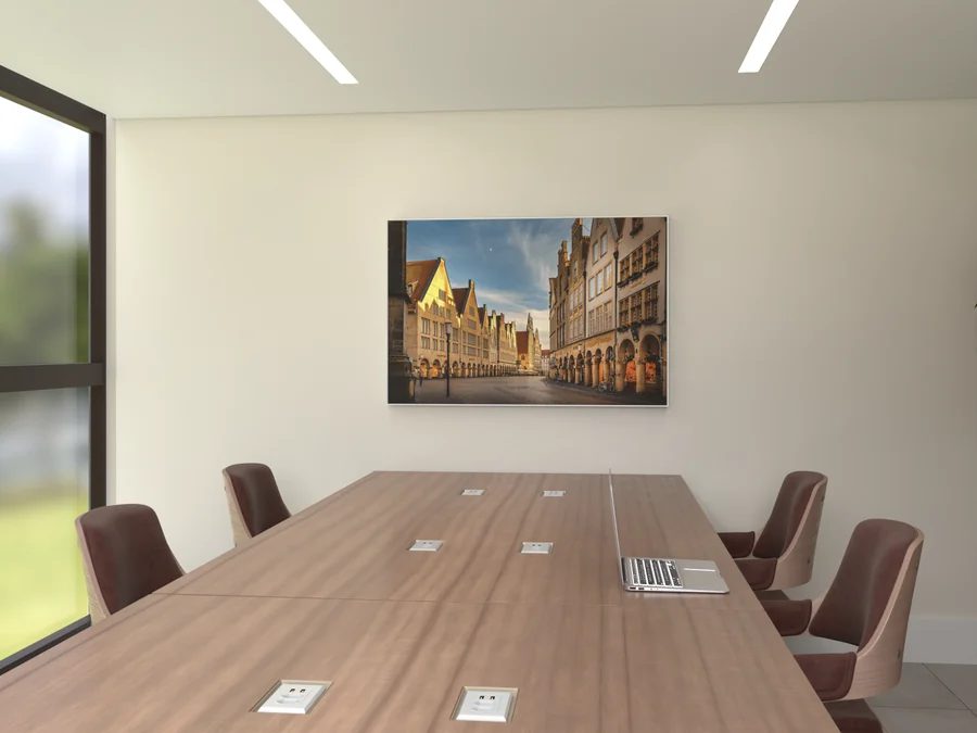Visualisierung: Akustikbild mit Prinzipalmarkt-Motiv an der Wand eines Besprechungsraums über dem Konferenztisch