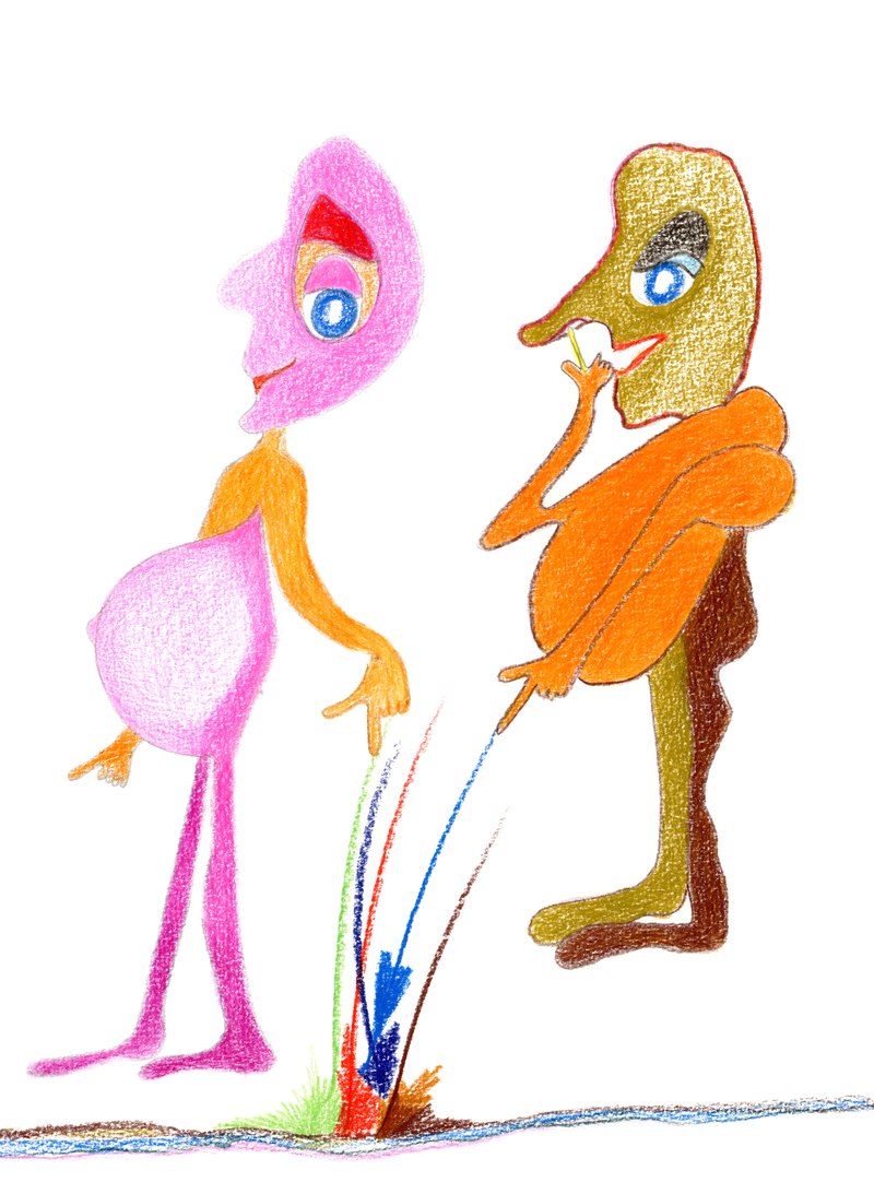 Motiv 1 von Noret_Fé: zwei gezeichnete Figuren in rosa und orange, mit Buntstift und Farbe auf hellem Grund.