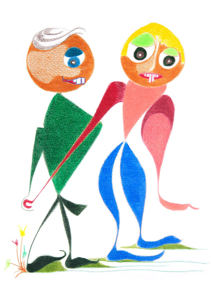 Motiv 2 von Noret_Fé: zwei gezeichnete Figuren in grün und rot, mit Buntstift und Farbe auf hellem Grund.