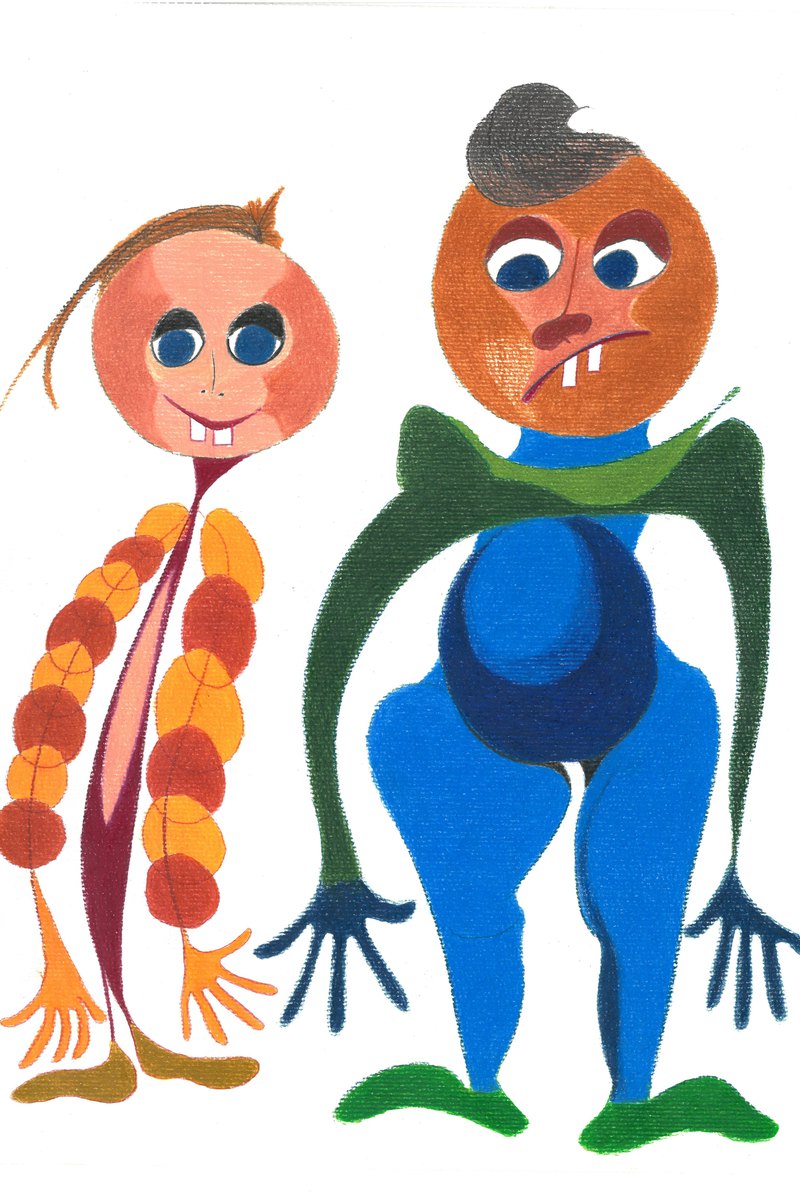 Motiv 3 von Noret_Fé: zwei gezeichnete Figuren in orange und blau, mit Buntstift und Farbe auf hellem Grund.