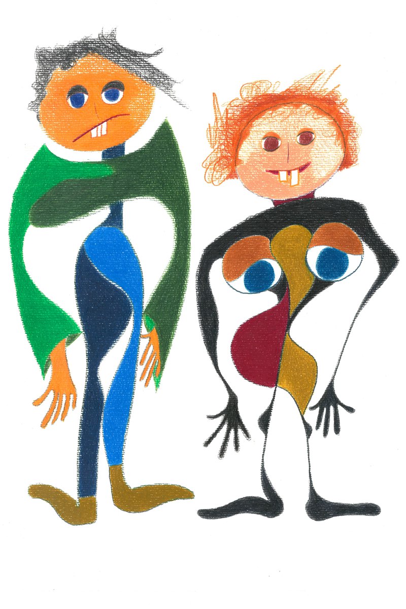 Motiv 4 von Noret_Fé: zwei gezeichnete Figuren in grün und schwarz, mit Buntstift und Farbe auf hellem Grund.