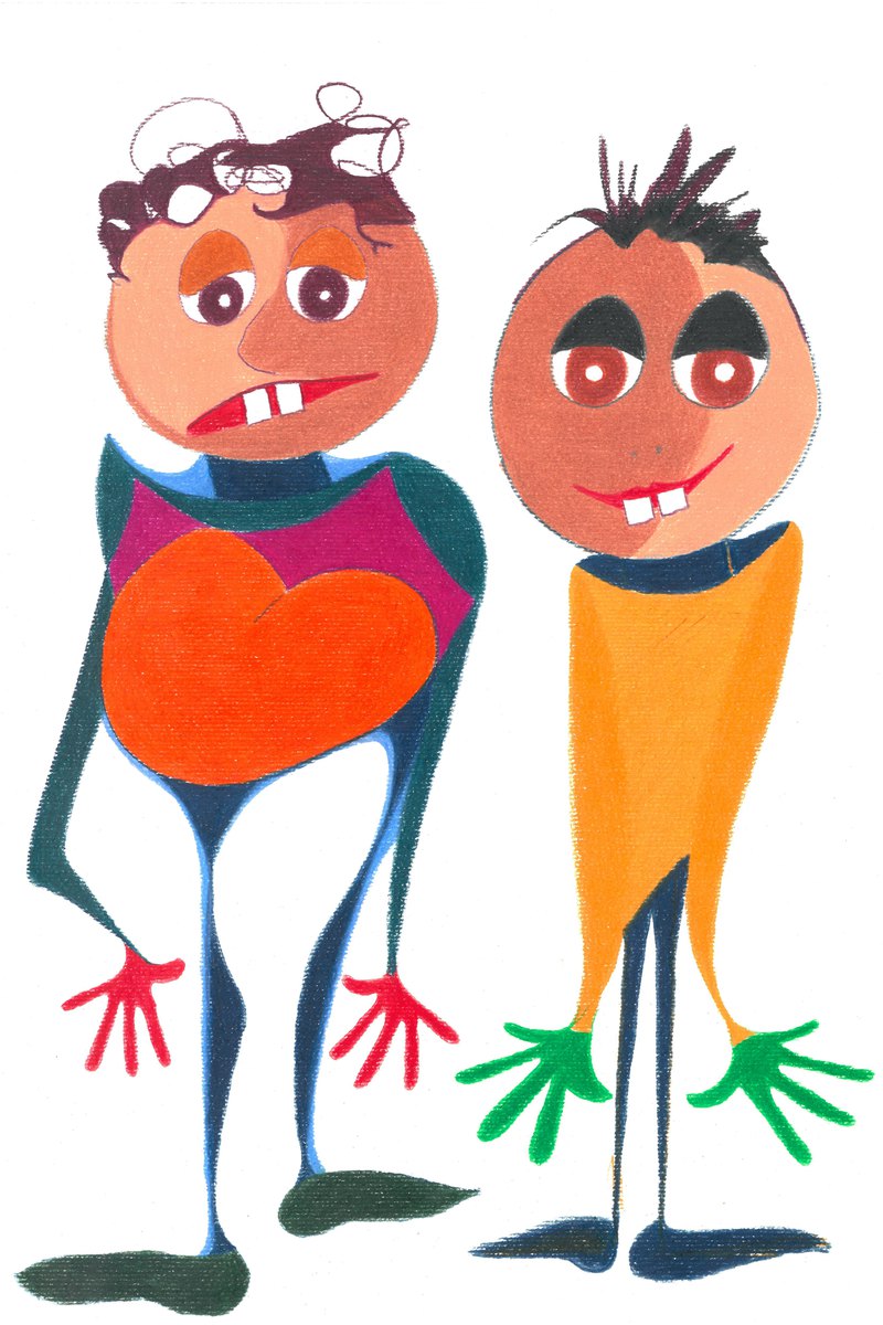 Motiv 5 von Noret_Fé: zwei gezeichnete Figuren in rot und orange, mit Buntstift und Farbe auf hellem Grund.